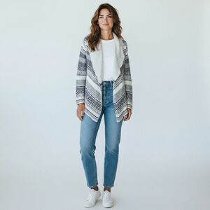 White Gray and Navy Blue Long Sleeve Open Cardigan Sweater Cotton Sweater size M